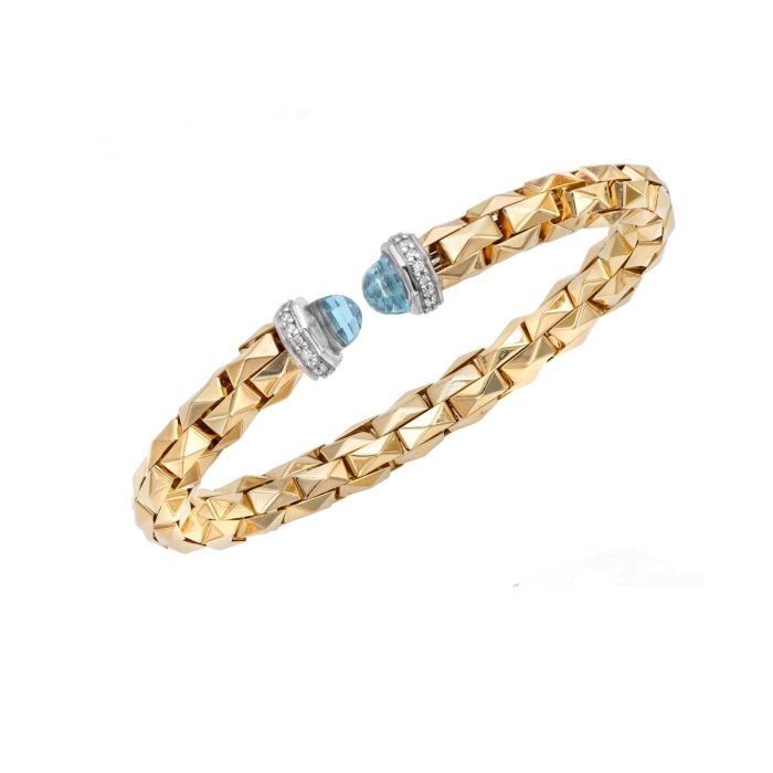 14K Yellow Gold .30CT Diamond & Blue Topaz Pyramid Cuff Bangle TBG8225 | Hannoush Jewelers