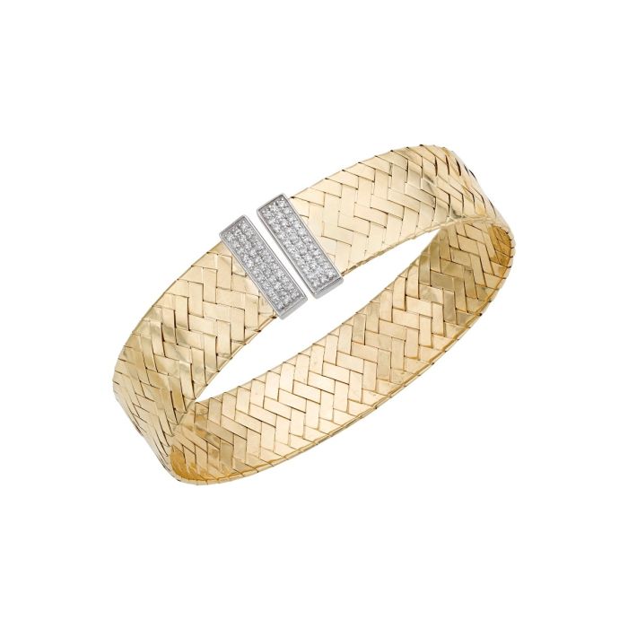 14K Yellow Gold .50CT Diamond Basketweave Wide Cuff Bangle TBG8341 | Hannoush Jewelers