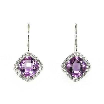 14k White Gold halo Amyethyst and Diamond earrings | Hannoush Jewelers