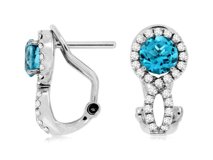 14k White Gold Round Blue Topaz and Diamond Earrings wc6102b | Hannoush Jewelers