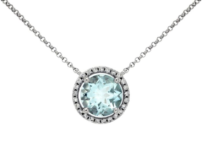 14k White Gold Aquamarine and Diamond Halo Necklace wc6135q | Hannoush Jewelers