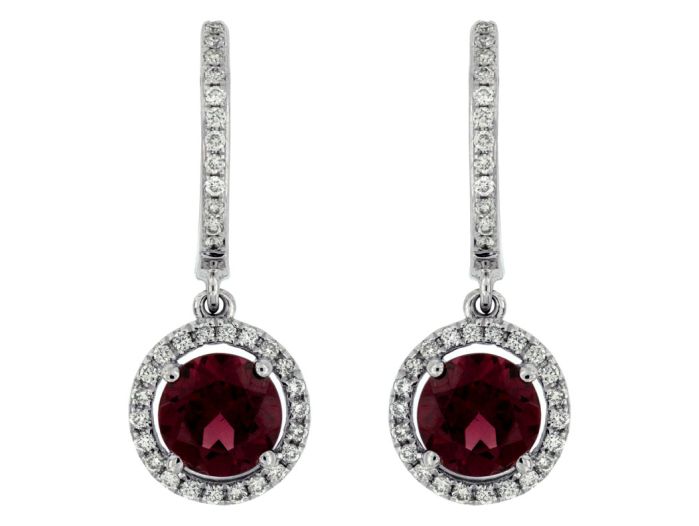 14k White Gold Rhodolite Garnet and Diamond Halo Dangle Earrings wc6167l | Hannoush Jewelers