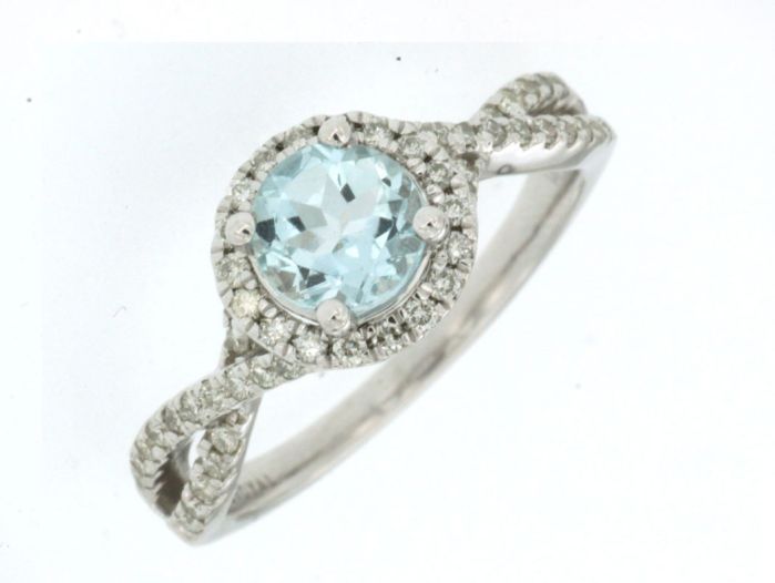 14k White Gold 6mm Round Aquamarine and Diamond Halo Ring WC6256Q-AQ | Hannoush Jewelers