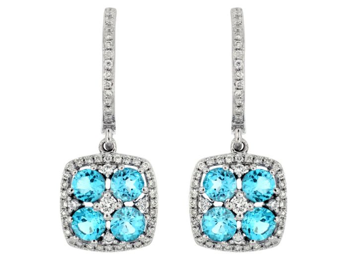 14k White Gold Blue Topaz and Diamond Halo Dangle earrings wc6803b | Hannoush Jewelers