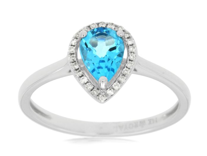 14k White Gold Pear Shape Blue Topaz and Diamond Halo Ring wc7393b | Hannoush Jewelers