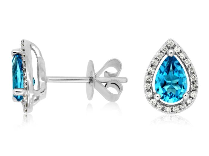 14k White Gold Blue Topaz and Diamond halo earrings | Hannoush Jewelers