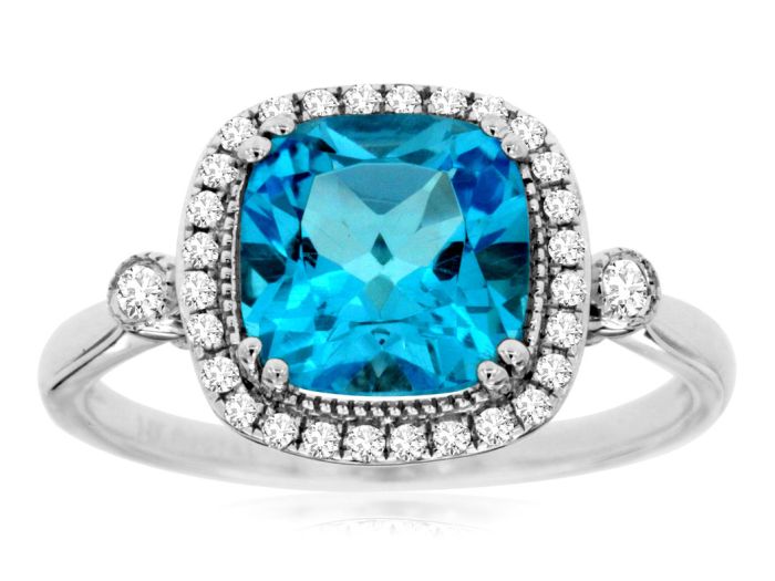 14k White Gold 8mm Cushion Blue Topaz and Diamond Halo Ring WC7496B-BT | Hannoush Jewelers