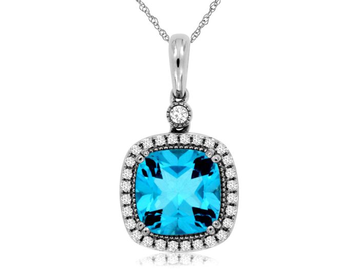 14k White Gold Blue Topaz and Diamond Halo Pendant wc7497b | Hannoush Jewelers