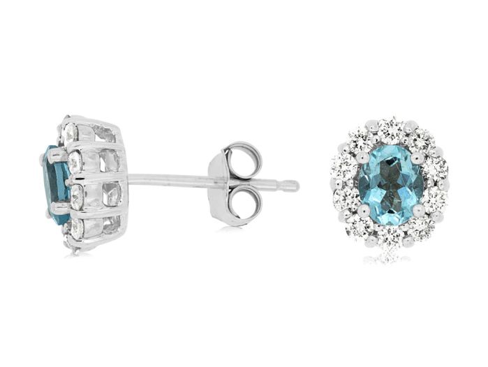 14k White Gold Aquamarine and Diamond Halo earrings we3789q | Hannoush Jewelers