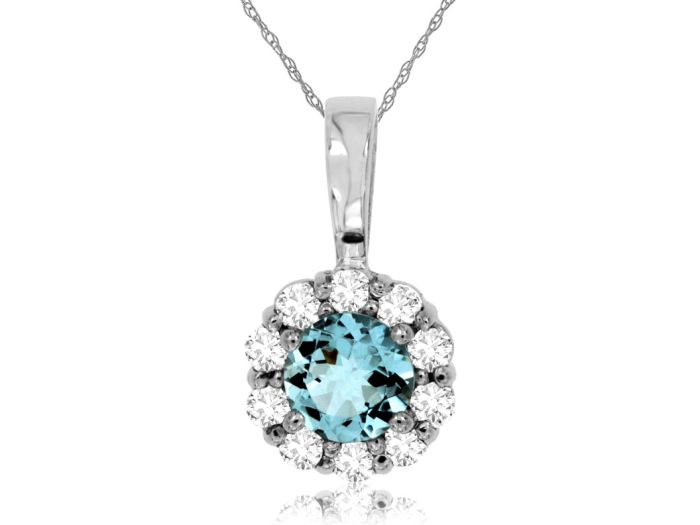 14k White Gold Round Aquamarine and Diamond Halo Pendant wp3762q | Hannoush Jewelers