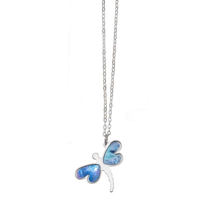 14K White Gold 18" La Perla Blue Mother of Pearl Dragonfly Necklace with Extender WRC9711-18 | Hannoush Jewelers