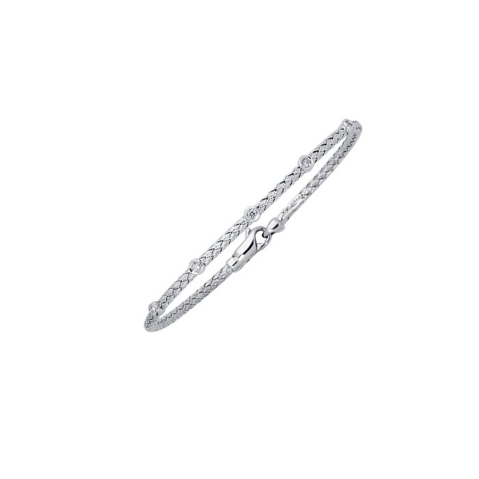 14kt 8" White Gold Round Basket Weaved Bangle with Lobster Clasp+Barrel with 0.14 ct White Diamond WSTA298-08 | Hannoush Jewelers