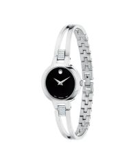 Women's Amorosa watch, 24 mm stainless steel case, black Museum dial with silver-toned dot and hands, stainless steel double-bar bangle-style bracelet with 18 diamonds (0.070 t.c.w.), back sizing links and jewelry clasp.