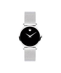 Women's Museum Classic watch, 28 mm stainless steel case, black Museum dial and silver-toned dot and hands, stainless steel mesh bracelet with sliding closure clasp.