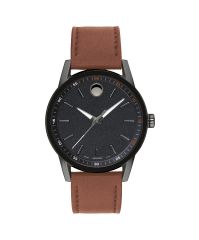 Men's Museum Sport watch, 42 mm gunmetal PVD-finished stainless steel case with black PVD-finished bezel, round black 3-hand dial with black minute reflector ring, black dot and luminescent hands, smooth cognac calfskin strap with gunmetal PVD-finished st