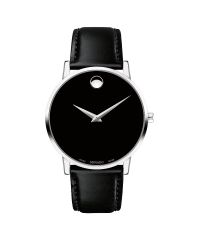 Men's Museum Classic watch, 40 mm stainless steel case, black Museum dial with silver-toned dot and hands, black calfskin strap with stainless steel buckle.
