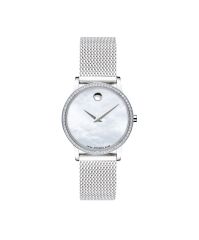 Women's Museum Classic watch, 28 mm stainless steel case with 72 diamonds (0.223 t.c.w), white mother-of-pearl dial with silver-toned dot and hands, stainless steel mesh bracelet with deployment clasp.

Note: Mother-of-Pearl dials may vary in color as e