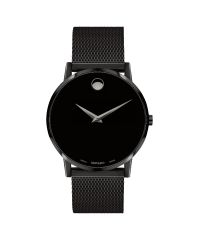 Movado Museum Classic, 40mm black PVD-finished stainless steel case and mesh bracelet with a black-toned dial.