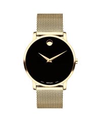 Movado Museum Classic, 40mm yellow gold PVD-finished stainless steel case and mesh bracelet with a black-toned dial.
