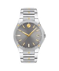 Movado S.E., 41mm dual finished stainless steel case and bracelet with yellow gold PVD-finished concave polished dot accents and mid-grey sunray dial. Features an anti-reflective Sapphire crystal, anti-corrosive bezel, date window, and Swiss Super-LumiNov