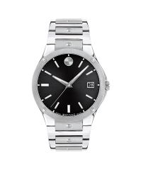 Movado S.E., 41mm dual finished stainless steel case and bracelet with silver concave polished dot accents and black sunray dial. Features an anti-reflective Sapphire crystal, anti-corrosive bezel, date window, and Swiss Super-LumiNova® hands, hour marker