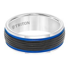 Triton Ladies 8mm Black and White Domed Tungsten Carbide Band Electric Blue Stripes 11-5945MCB8-L.00