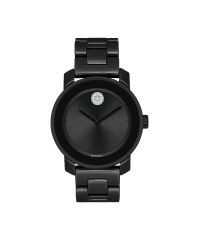 Mid-size Movado BOLD watch, 36 mm black ceramic and stainless steel case, K1 crystal with a ring of highly reflective black-toned metallization, black dial with clear crystal-set dot and black-toned hands, black ceramic and stainless steel link bracelet w