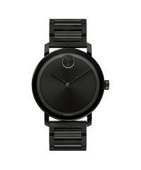 Large Movado BOLD Evolution watch, thin 40 mm black ion-plated stainless steel case, K1 crystal, black sunray dial with matching sunray dot/hands, black ion-plated stainless steel link bracelet with push-button deployment clasp.
