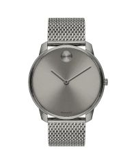 Movado BOLD, 42 mm grey ion-plated stainless steel case with a grey-toned dial on grey ion-plated stainless steel mesh bracelet.