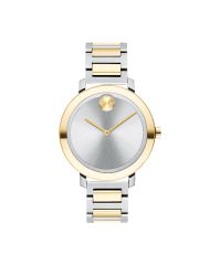 Movado BOLD, 34 mm two-tone stainless steel and pale yellow gold ion-plated stainless steel case and bracelet with a silver-toned dial.
