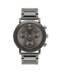 Movado BOLD Evolution, 42 mm grey ion-plated stainless steel case and bracelet with a grey chronograph dial.
