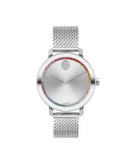 Movado BOLD Evolution, 34 mm stainless steel case and mesh bracelet with a silver-toned dial featuring a rainbow crystal outerzone & crystal set dot. 
