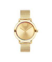 Movado BOLD Evolution, 34 mm pale yellow gold ion-plated stainless steel case and mesh bracelet with a pale yellow gold-toned dial featuring a rainbow crystal outerzone & crystal set dot. 
