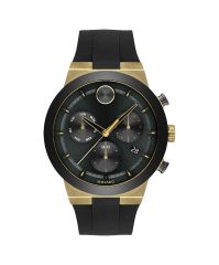 Movado BOLD Fusion, 44 mm pale yellow gold ion-plated stainless steel case & black ceramic bezel with a black chronograph dial on black silicone strap.
