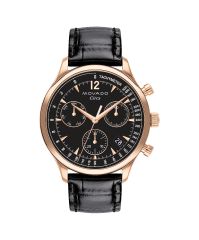 Movado Heritage Series Circa, 43 mm rose gold ion-plated stainless steel case with black chronograph dial on black faux crocodile leather strap.
