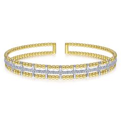 Gabriel & Co. - BG4323-62M45JJ - 14K Yellow and White Gold Bujukan Bead Cuff Bracelet with Inner Diamond Channel