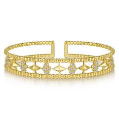 Gabriel & Co. - BG4615-62Y45JJ - 14K Yellow Gold Bujukan Bead Cuff Bracelet with Inner Diamond Cluster and Gold Pyramid Connectors.