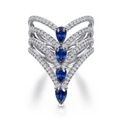 Stunning in style and execution, this layered chevron ring offers four times the sparkle. Quadruple v-shaped bands are crafted from 14K white gold and encrusted with 0.57cts of pav‚ diamonds. At the center of each row, a regal pear shaped blue sapphire cr
