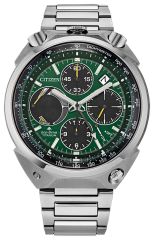 Citizen Promaster Tsuno Chronograph Racer watch with eco-drive technology, silver-tone finish super titanium, green face and black accents. 