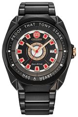 Citizen tony stark "I love you" watch with eco-drive technology, black stainless steel finish,  with red and rose gold accents. 