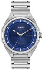 Citizen Drive watch with eco-drive technology, silver finish, blue face and silver accents. 