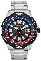 Citizen promaster gmt watch with stainless steel band, black face and accented red and blue.