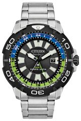 Citizen Promaster GMT Diver watch, powered by Eco-Drive technology with green and blue accents. 