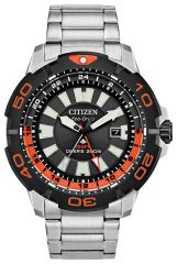 Citizen Promaster GMT Diver watch with eco-drive technology, bright orange accents, stainless steel band and black face. 