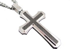 Stainless Steel Men's 24 Inch chain with Black Inlay Cross - BJP69