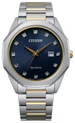 Citizen corso watch with eco-drive technology, a stainless steel band and gold-tone accents deep blue face inset with diamonds. 