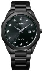 Citizen corso watch with eco-drive technology, 
black stainless steel band and black face inset with diamonds. 