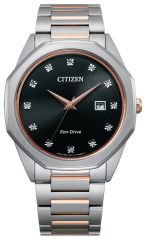 Citizen corso watch with eco-drive technology, 
two-tone stainless steel and black face inset with diamonds.