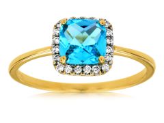 14K Yellow Gold Band with Blue Topaz Diamond and Opal Cushion Shape Halo Ring 