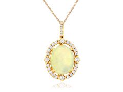 14K Yellow gold oval opal diamond pendant necklace 